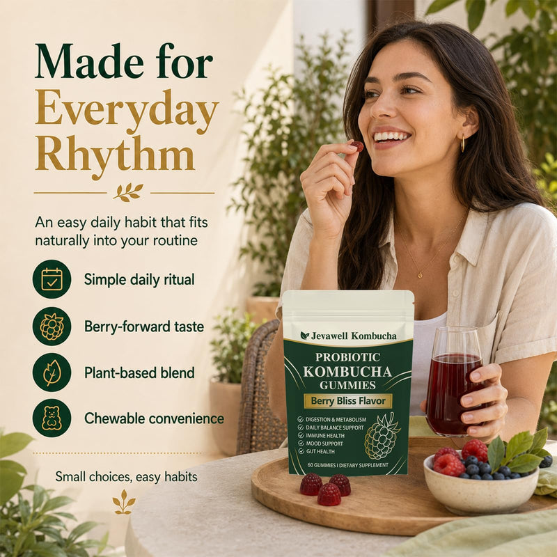 1PCSJevawell Kombucha Gummies,Enhance Immunity,60 Gummies | Jevawell Probiotic Kombucha Gummies - Prebiotics,Probiotics,Postbiotics,Slippery Elm Bark,Mct Oil for Daily Gut and Digestive 1