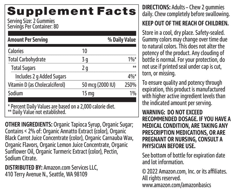 Amazon Basics Vitamin D3 2000 IU Gummies, Orange, Lemon & Strawberry, 160 Count (2 per Serving) (Previously Solimo) 160 Count (Pack of 1) - BeesActive Australia