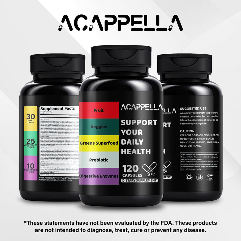 ACAPPELLA Prebiotics Probiotic for Women Green Superfood Fruit and Veggies Supplement 丨 Digestive Enzymes Capsule - 120 Count