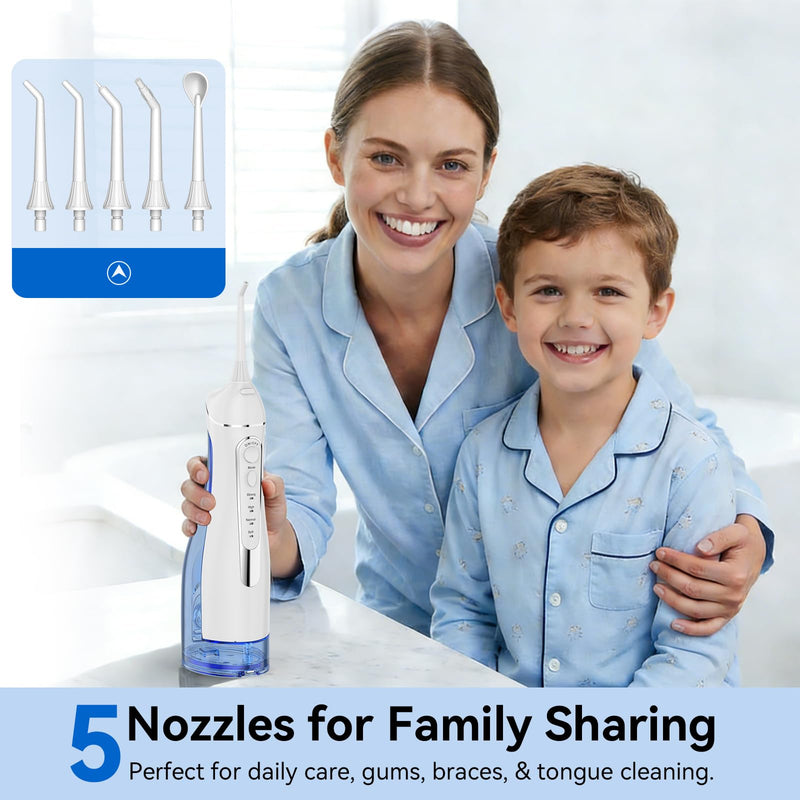 Water Flosser for Teeth Cleaning: Cordless Portable Water Dental Pick, 4 Modes Rechargeable Oral Irrigator with 5 Nozzles, 300ML IPX7 Waterproof Electric Flossers for Braces, Travel & Home Use, White