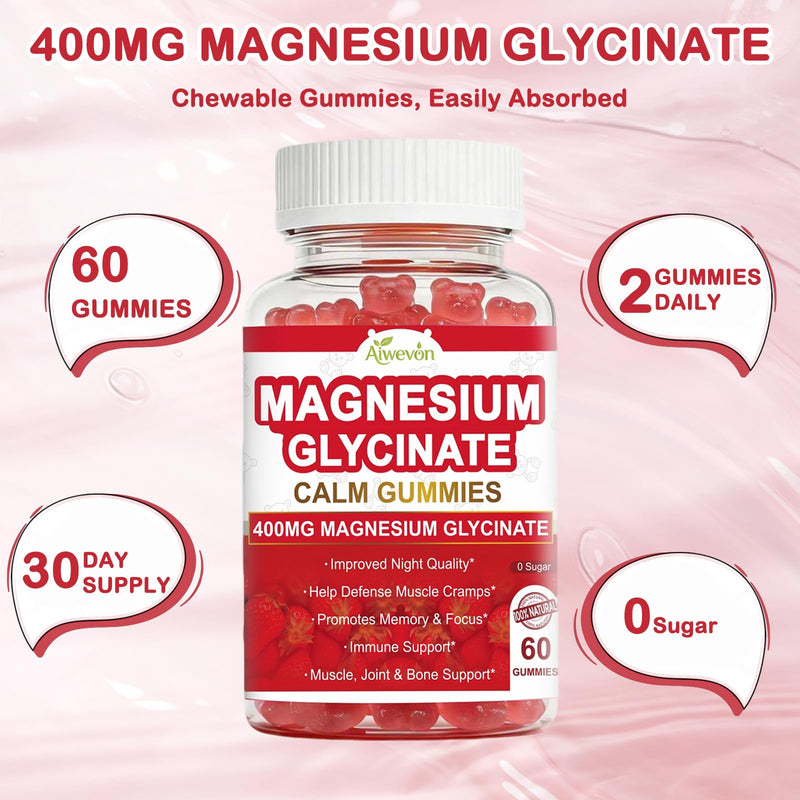 Magnesium Glycinate Gummies 400mg Sugar Free: Calm Magnesium Supplement for Women & Men, Sleep Support, Muscle & Bone Health Complex with Vitamin D3 B6 Calcium, Chewable Strawberry Gummy for Adults