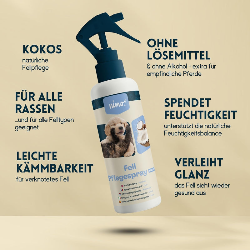 nimo® fur care spray coconut | for dogs, cats & pets with coconut | Care spray for shiny & well-groomed fur | easier combing, fur care, detangling | Coconut grooming 500ml bottle - BeesActive Australia