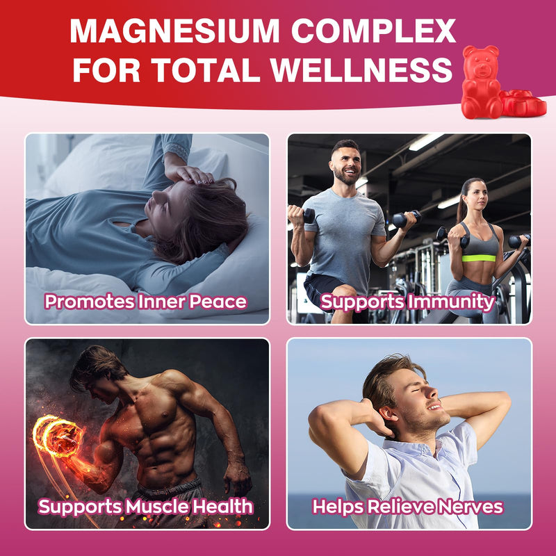 2 Pack Magnesium Complex Gummies with Citrate, Glycinate, Malate, Oxide – Plus Vitamin D3, B6, C, Ashwagandha & CoQ10 – Raspberry Flavor, 120 Count for Women & Men