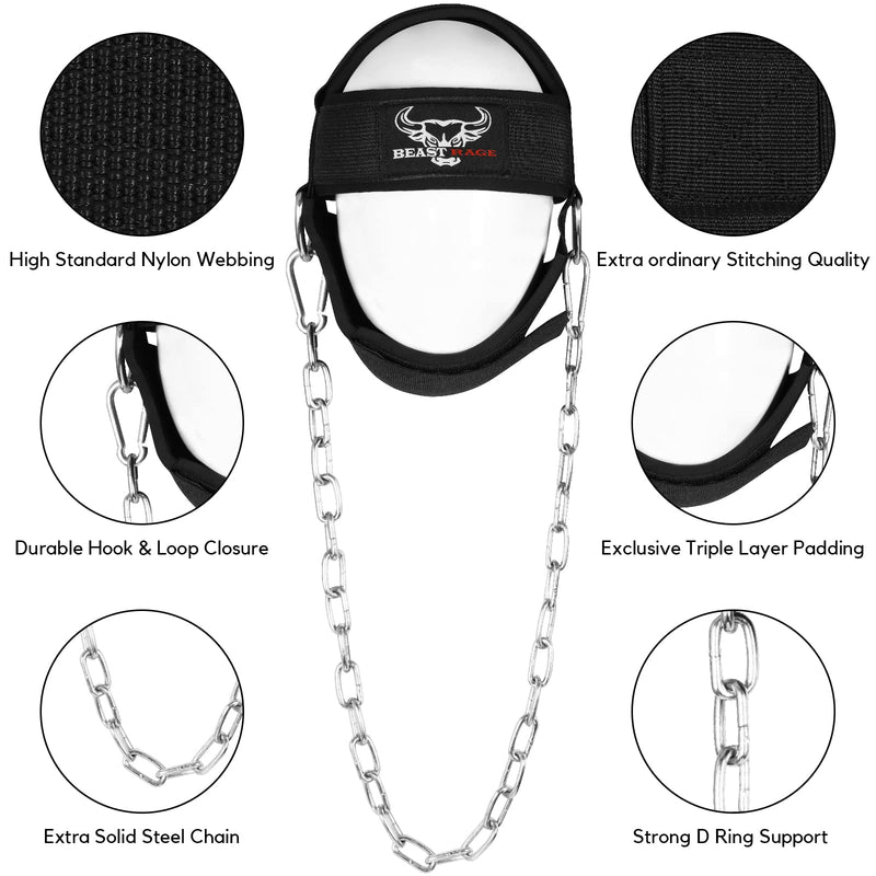 BEAST RAGE Neck Harness for Men, Long Steel Chain 30 inches Weightlifting Head Trainer Adjustable Strap Workout Muscle Strengthener Gym Training Ladies Chin Weight Training Padded Support Black