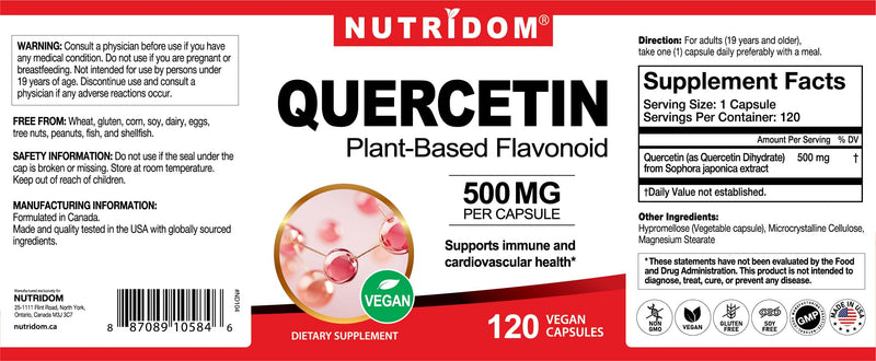 Nutridom Quercetin 500mg - Quercetin Dihydrate from Sophora Japonica Extract - Plant-Based Bioflavonoid for Immune and Cardiovascular Support - Non-GMO, Vegan, Gluten Free - 120 Vegetable Capsules
