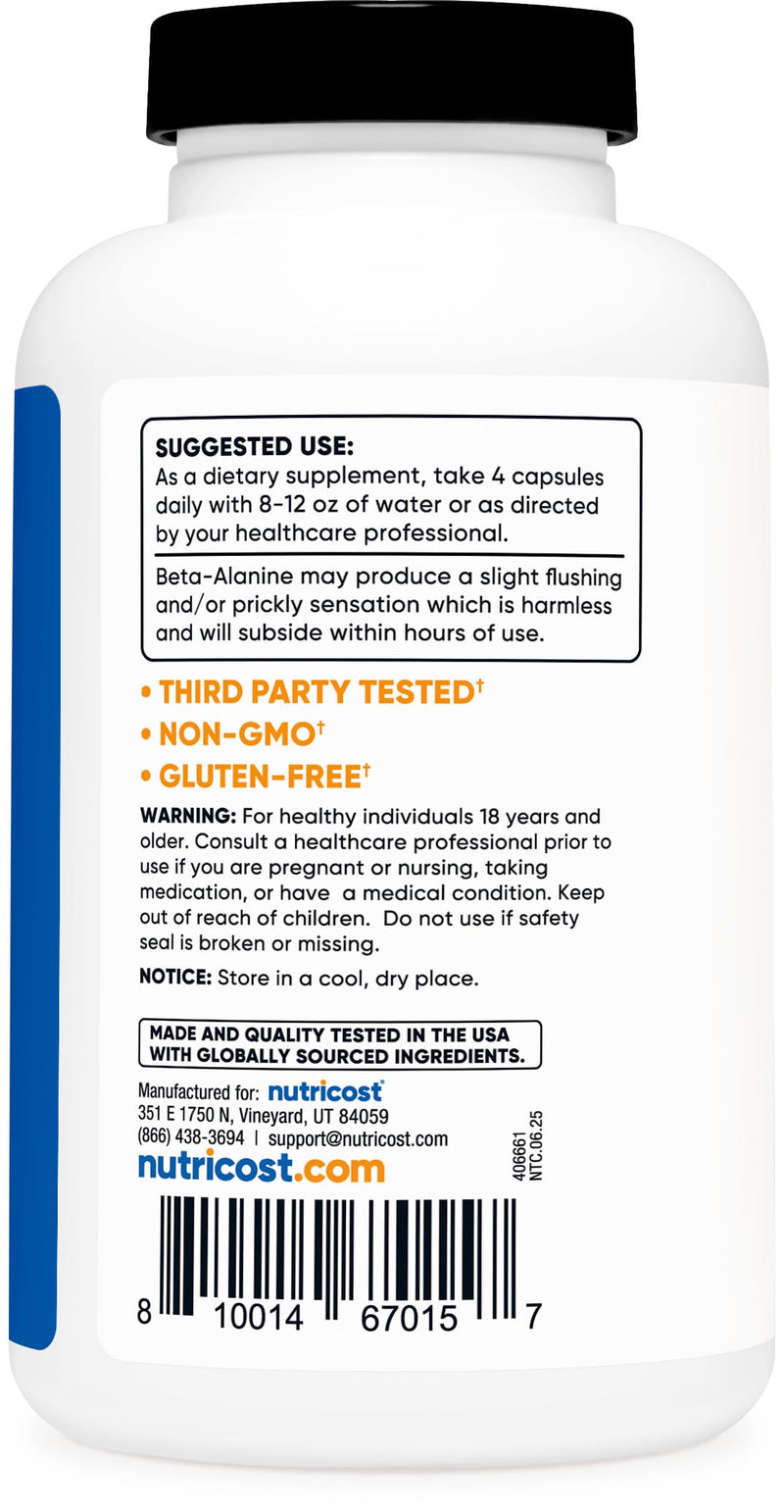Nutricost Beta-Alanine Capsules 3400mg, 240 Capsules, 60 Servings | Potent Beta Alanine, Gluten Free & GMO-Free, 850mg Per Cap 240 Count (Pack of 1)
