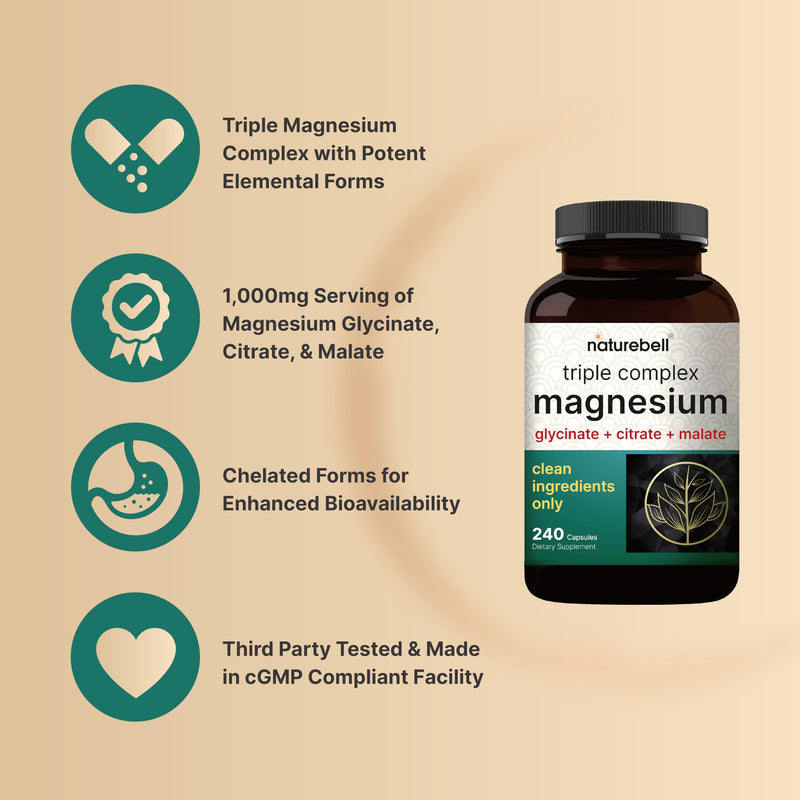 NatureBell Triple Magnesium Complex, Glycinate Citrate Malate, 240 Capsules | 1,000 mg Blend Per Serving. 3-in-1 Chelated Magnesium Supplement with Vitamin C. For Women & Men. Filler Free, Non-GMO. 240 Count (Pack of 1)