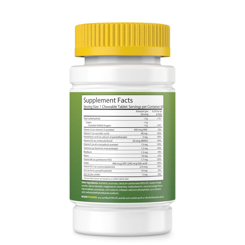 Noor Vitamins Halal Kids Multivitamin Chewable: Essential Vitamins for Immune, Bone & Eye Health with Iron - Non GMO & Gluten Free - Halal Vitamins 60 Count (2 Month Supply)