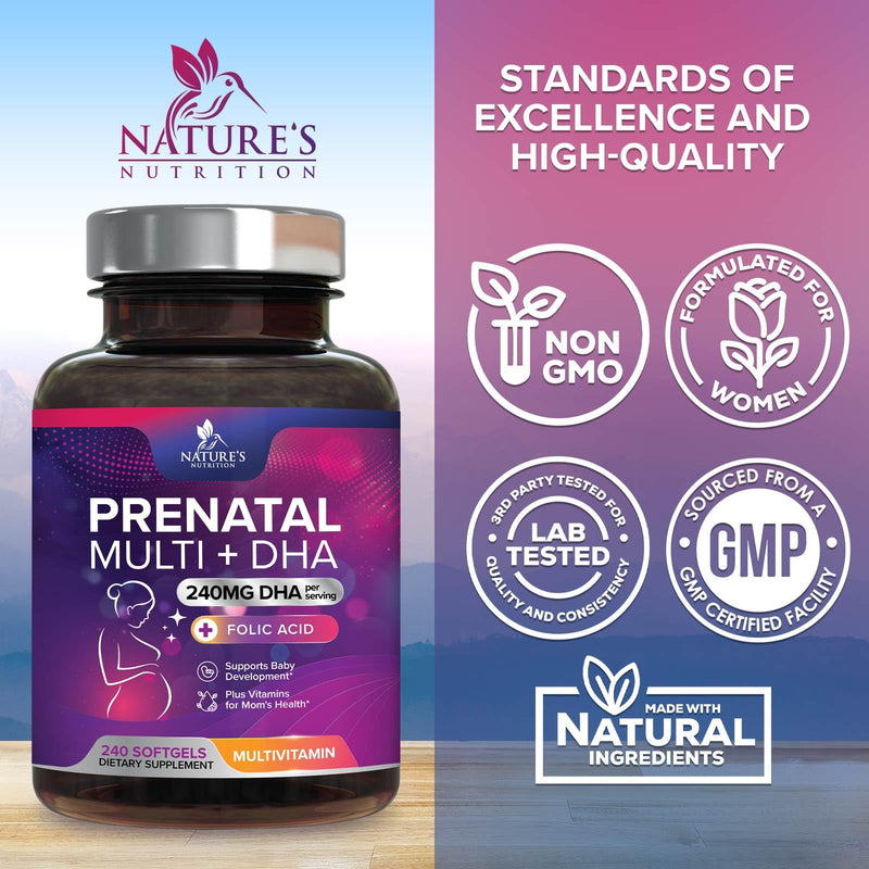 Prenatal Vitamins for Women with Folic Acid + Omega 3 DHA for Fetal Brain Development, Best Prenatal Vitamin Supplement, Daily Pregnancy Multivitamin Nutritional Support, Non-GMO - 240 Softgels 240 Count (Pack of 1)