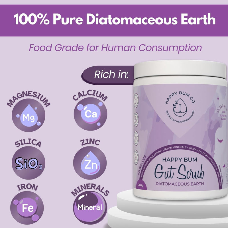 Happy Bum Gut Scrub - Diatomaceous Earth Food Grade for Humans | Mineral Powder Supports Gut Health, Bloating Relief | Rich in Silica, Zinc & Minerals for Healthy Hair, Skin, Nail - 150g - BeesActive Australia