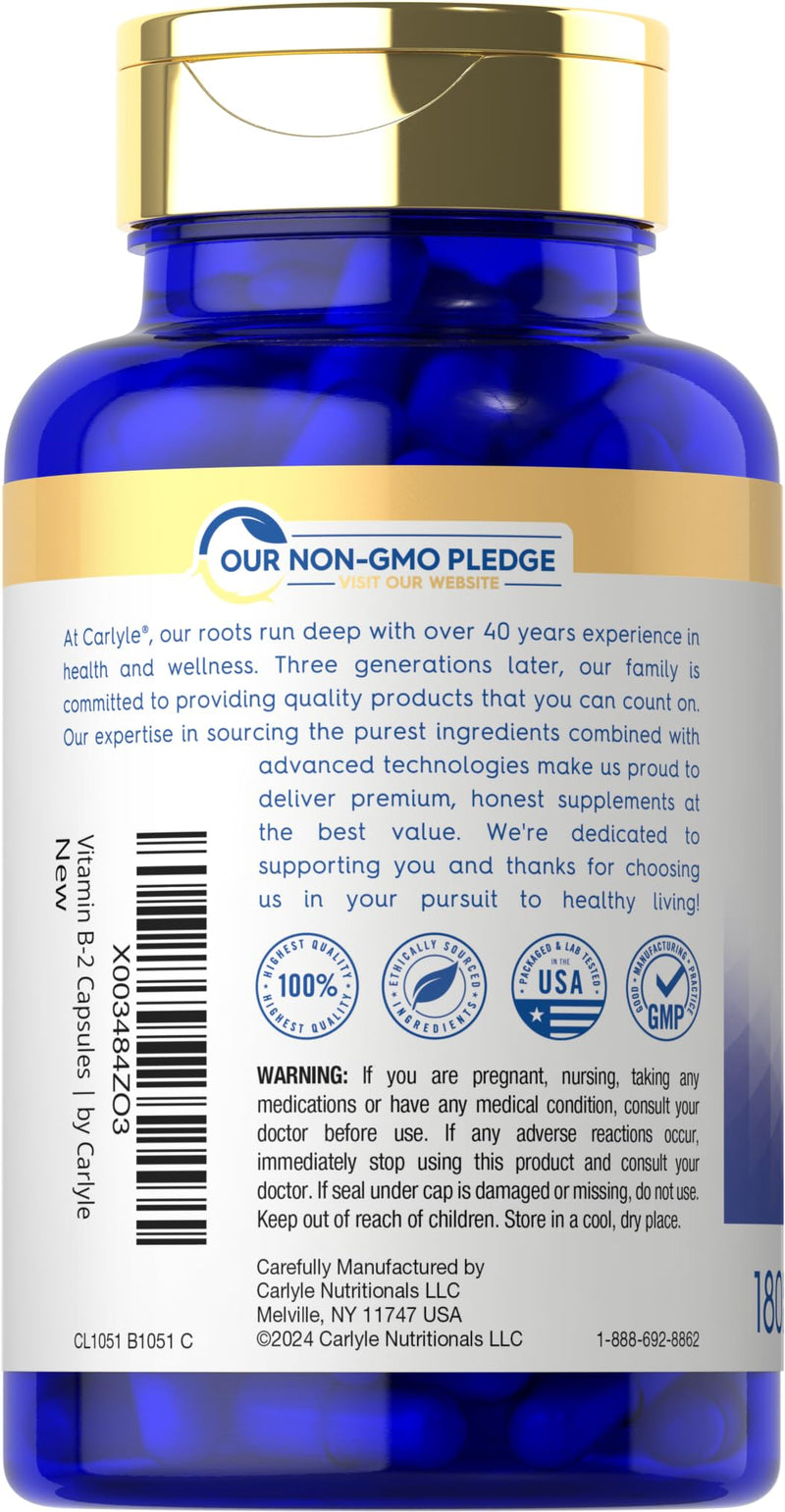 Carlyle Vitamin B-2 400mg | 180 Count | B2 Riboflavin | Non-GMO, Gluten Free Supplement