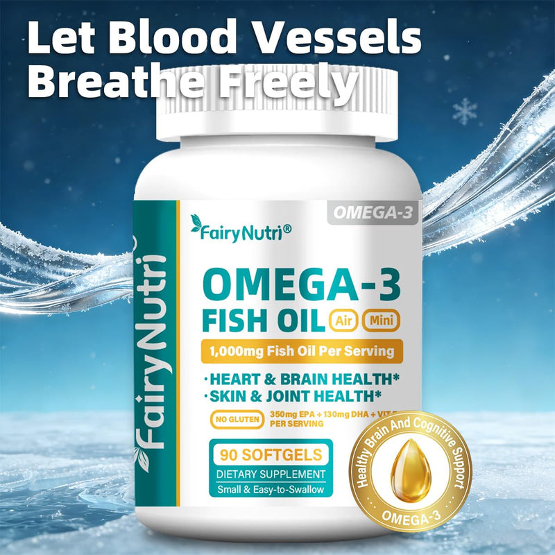 Omega-3 Fish Oil Softgels, 1000mg Per Serving, 350mg EPA + 130mg DHA, Heart & Brain Health Support, Air Mini Small & Easy to Swallow, 90 Count
