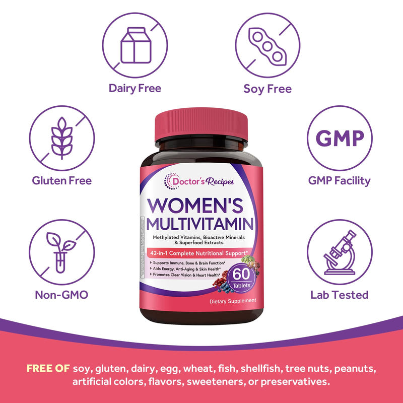 Doctor's Recipes Women’s Multivitamin, Complete Methylated Multivitamins, Vitamin A, C, D, E, B12, Iron, Inositol & Superfood, Hair Growth, Immune, Energy, Blood, Ages 18+, Easy to Swallow, 60 Tablets