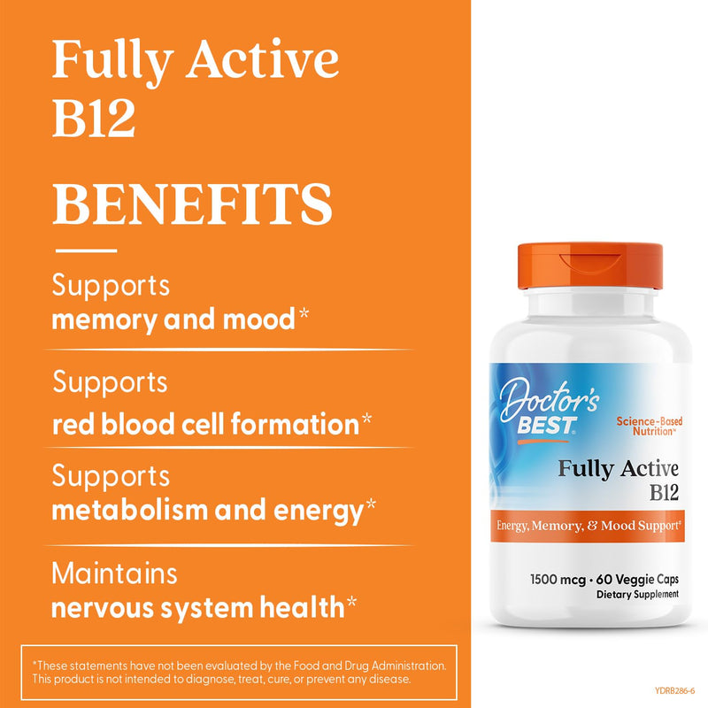 Doctor's Best Fully Active B12 1500 mcg, Non-GMO, Vegan, Gluten Free, Supports Healthy Memory, Mood and Circulation, 60 Count Unflavored 60 Count (Pack of 1)