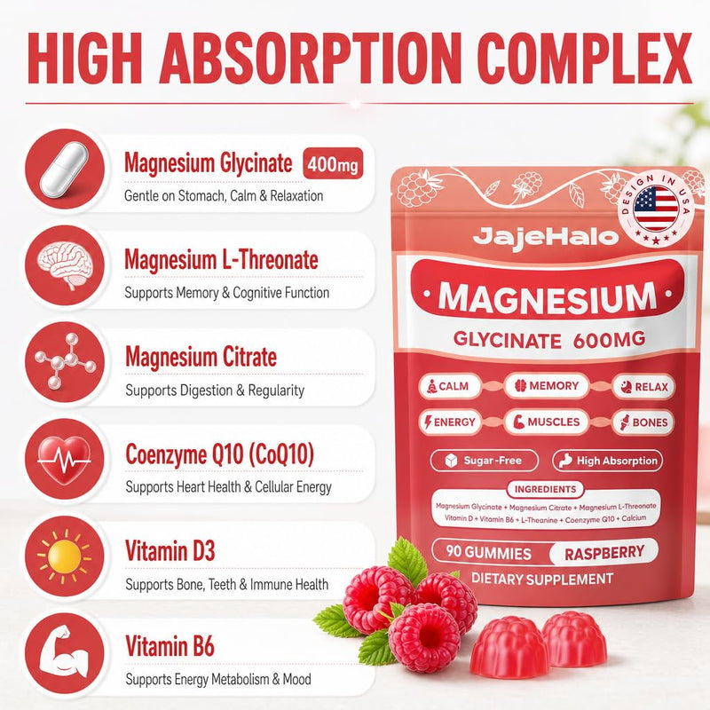 Magnesium Glycinate Gummies 600mg Sleep & Focus, 90 Count | 1000mg magnesium complex: glycinate, L-threonate & citrate with CoQ10, D3 & B6 for sleep, focus and energy.