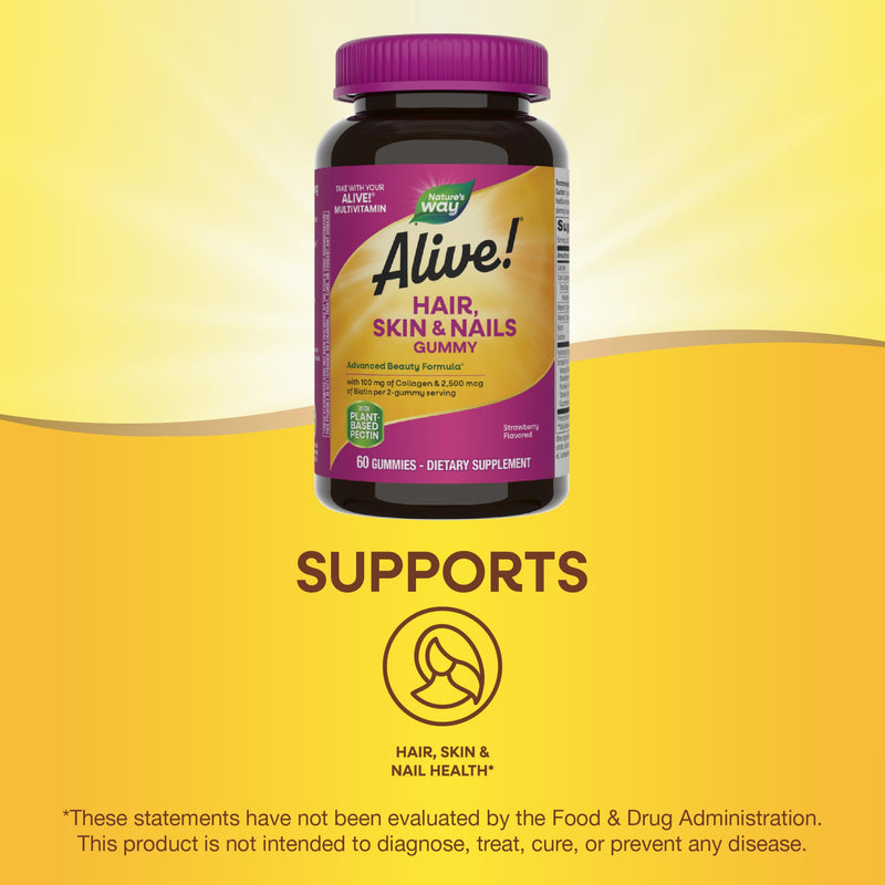 Nature's Way Alive! Hair, Skin & Nails Gummies, Advanced Beauty Formula*, with Biotin and Collagen, Strawberry Flavored, 60 Gummies (Packaging May Vary) (Pack of 2) 60 Count (Pack of 2)
