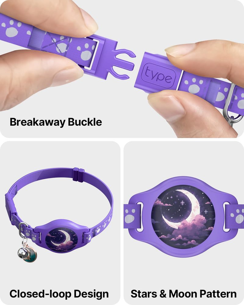Cat Tracker Collar - Tracking Pet Collar with Finder Tag Waterproof, No Monthly Fee, Compatible with Apple Find My (iOS Only), Breakaway GPS Tractive Cat Collar with Reflective Pattern & Bell, Purple - BeesActive Australia