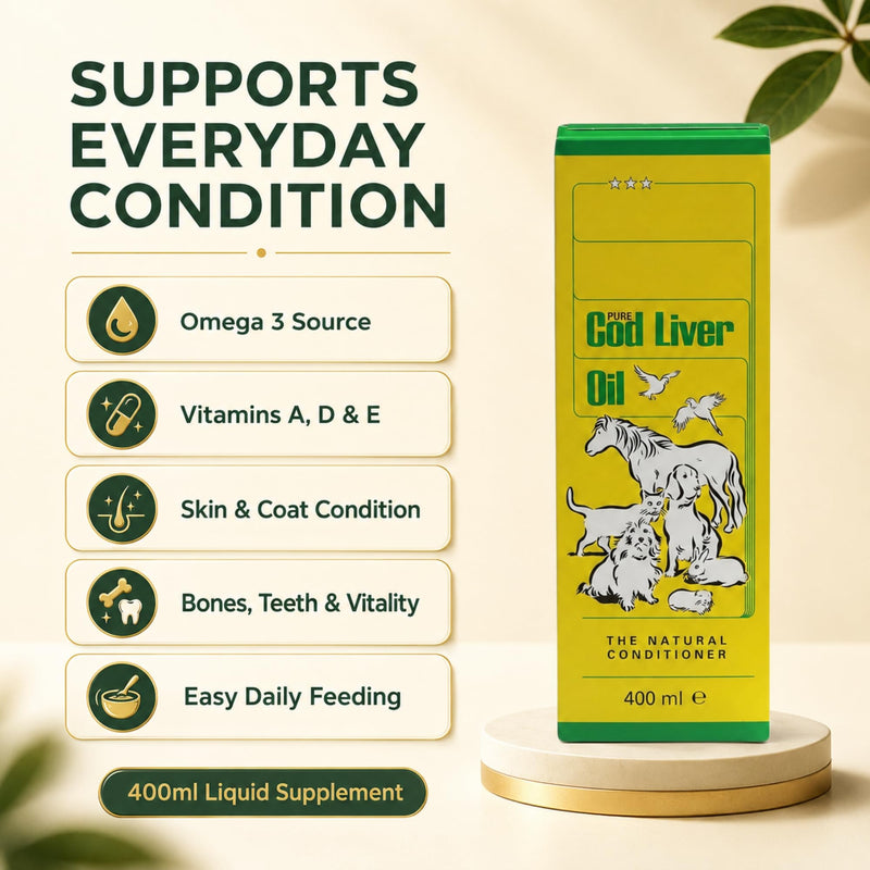 Pure Cod Liver Oil (2 Pack | 450ml each) – Omega 3 Supplement for Horses, Birds, Dogs & Cats – Supports Coat, Skin, Joints & Energy