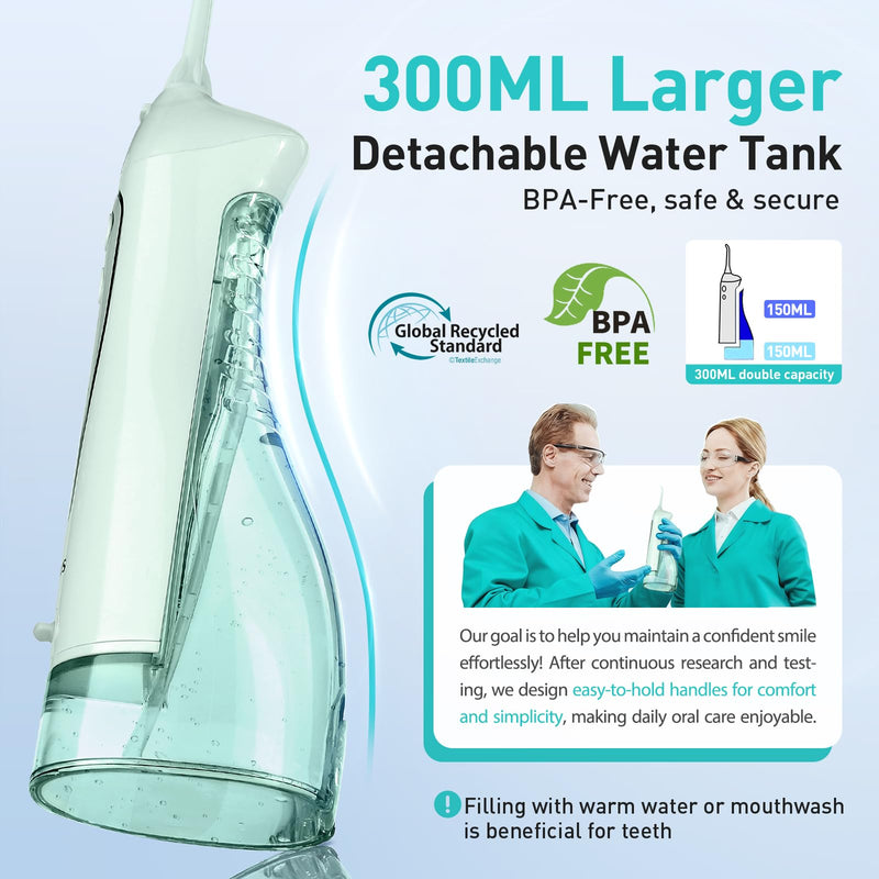 COSLUS Water Dental Flosser Teeth Pick C20(F5020E): Portable Cordless Oral Irrigator 300ML Rechargeable Travel Irrigation Cleaner IPX7 Waterproof Electric Flossing Machine for Teeth Cleaning, Green