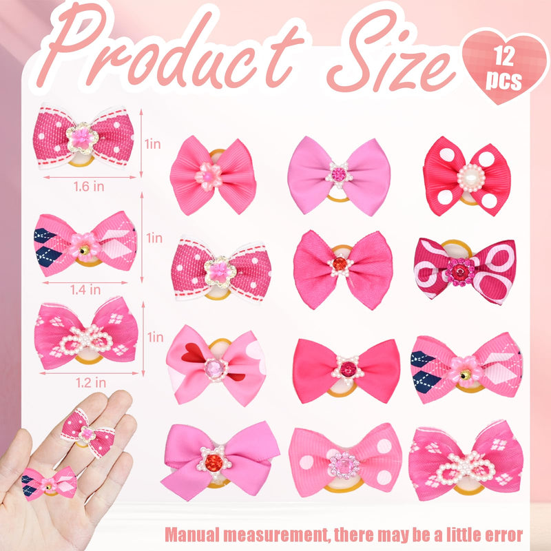 12 Pcs Small Dog Hair Bows with Rubber Bands Bowknot Dog Hair Accessories for Puppy Kitten (Pink) Pink - BeesActive Australia