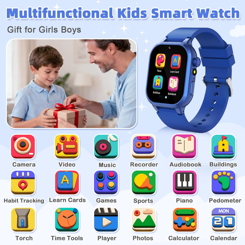 Smart Watch for Kids with 40 Games Video Camera Music Pedometer Flashlight Alarms 12/24 hr HD Touch Screen Kids Watch 2 Extra Bands Birthday Gift for Boys Girls Ages 4-12 Years Old(Blue) BLUE - BeesActive Australia