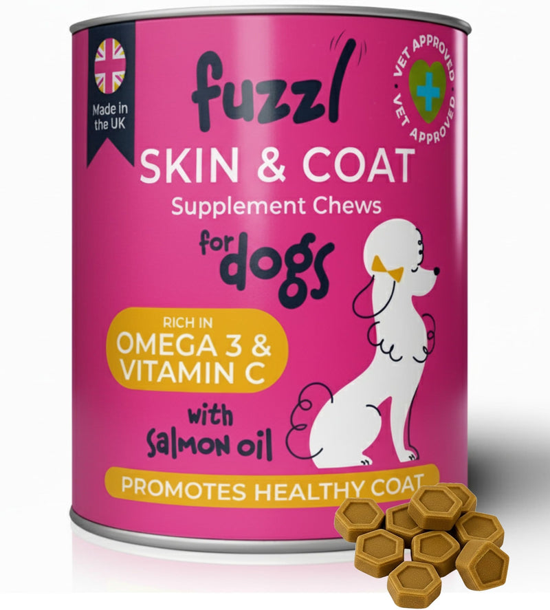 Fuzzl Itch Relief Skin & Coat Supplement Max Strength - Science Backed, Vet Approved, Made in UK - Omega 3 & Vitamins - Daily Anti-Itch Supplement for Dry Skin, Healthy Shiny Coat - 60 Treats Skin 60s