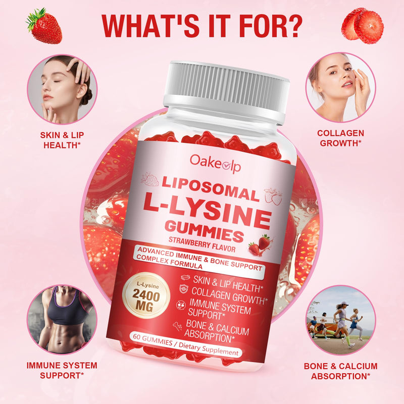 3 Pack Liposomal L-Lysine 2400mg & Vitamin C 1000mg Gummies - with D3 K2 Zinc, Magnesium, Echinacea - for Lips & Oral Wellness,Immune Support, Skin Health & Energy Boost 60 Count (Pack of 3)