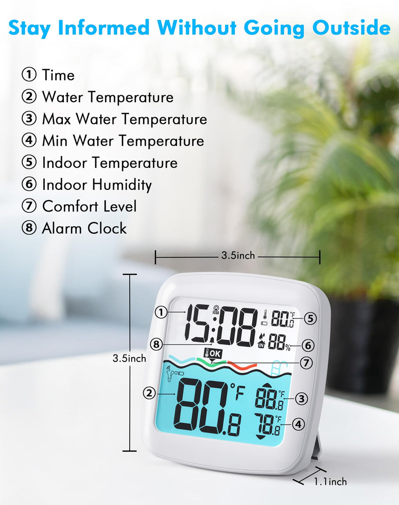 Pool Thermometer Floating Easy Read, IPX8 Waterproof Wireless Digital Thermometer with Indoor Thermometers for Swimming Pool, Spa, Aquarium, Cold Plunge, Hot Tub, Pond - BeesActive Australia