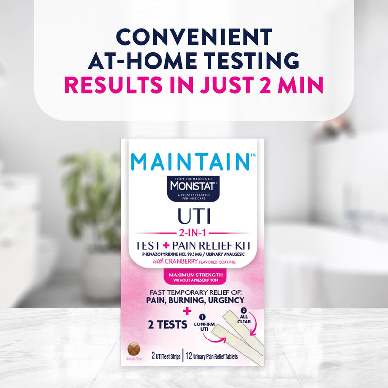 Monistat Maintain UTI 2-in-1 Test & Pain Relief Kit, 2 Test Strips & 12 Urinary Pain Relief Tablets, 2 Minute Results and Maximum Strength Pain, Burning and Urgency Relief