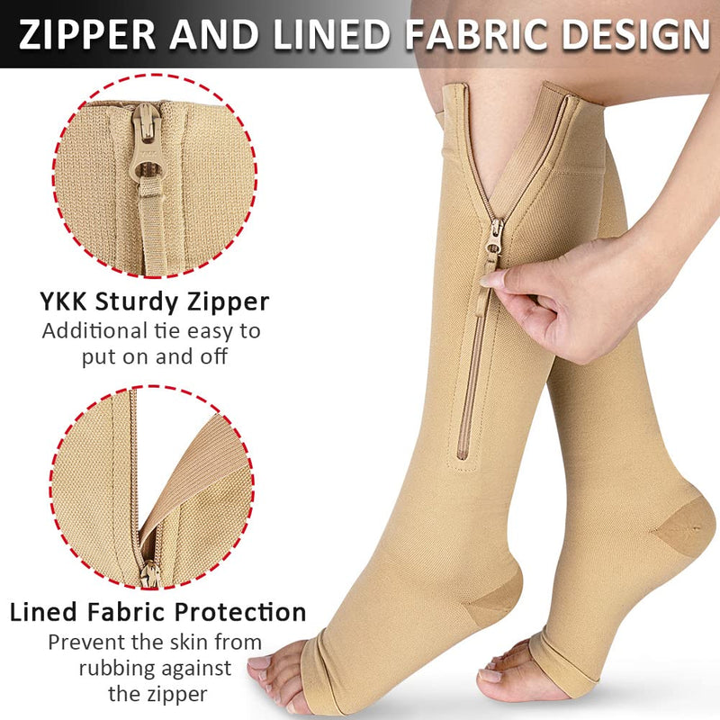 Ailaka Medical Compression Socks with Zipper, Knee High 15-20 mmHg Compression Socks for Women Men, Open Toe Support Socks for Varicose Veins, Edema, Recovery, Pregnant, Nurse 2X-Large (1 Pair) Beige