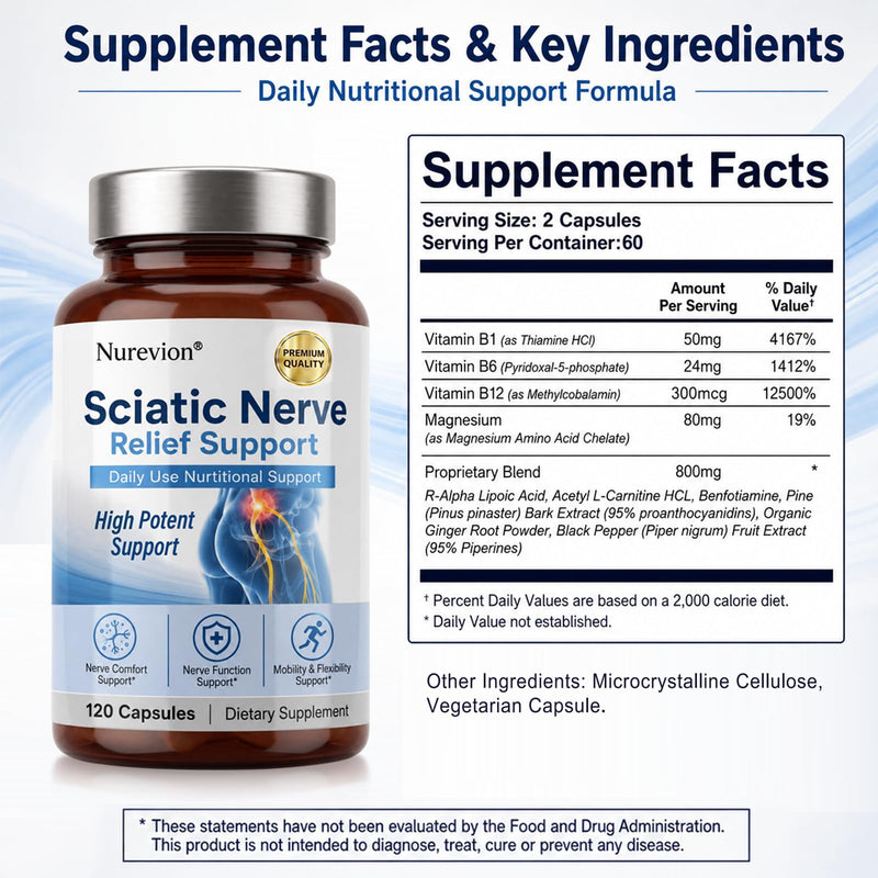 Sciatic Ner-ve Rel-ief, Soothe & Comfort Hand, Finger, Waist, Buttock, Leg, Foot, Nutritional Support Supplement Capsules for Sciatica, Rich in Vitamins, Natural Ingredients, 120 Capsules