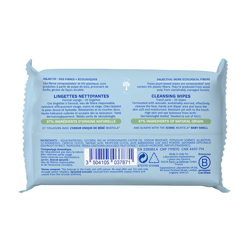 Mustela Baby Cleansing Wipes with Natural Avocado - For Face, Body & Diaper Area - Made with Compostable & Plastic Free Fibers - Lightly Scented - 20 or 60 ct. - 1, 3 or 6-Pack 20 Count (Pack of 1) - BeesActive Australia