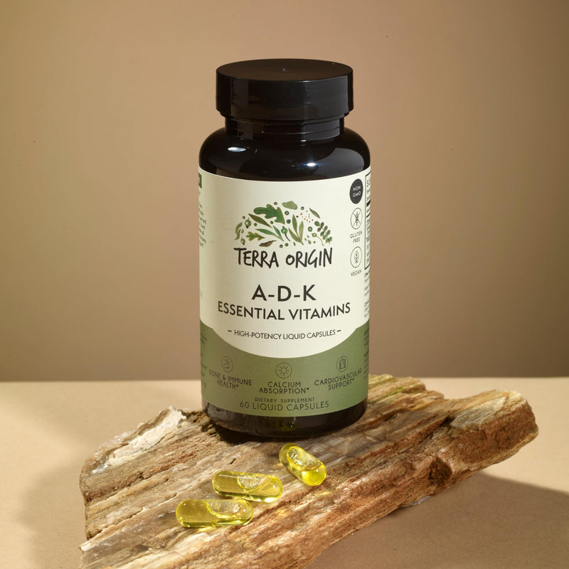 TERRA ORIGIN ADK Essential Vitamin Supplement | 60 Liquid Capsules | High Potency Vitamin A, D 5000 IU, K1 and K2 | Non GMO, Gluten Free, Vegan, Made in USA