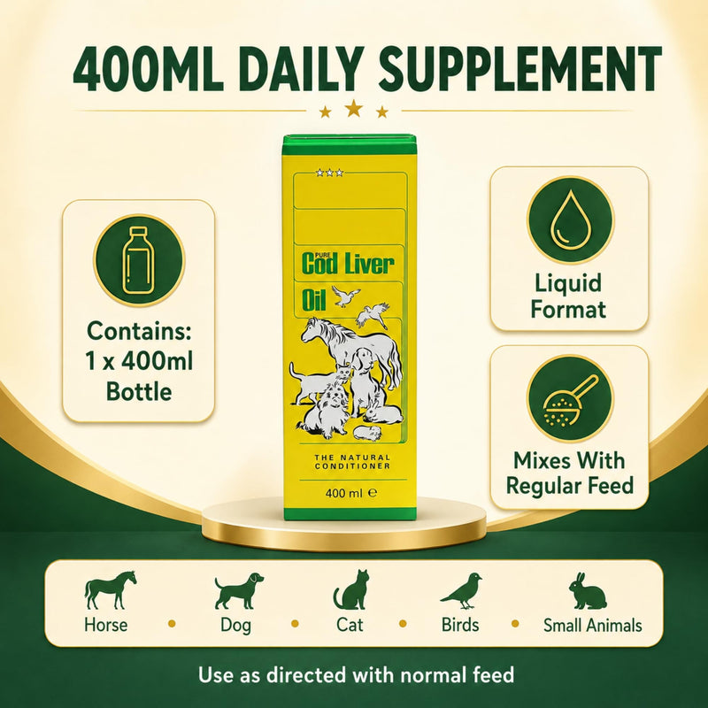 Pure Cod Liver Oil (2 Pack | 450ml each) – Omega 3 Supplement for Horses, Birds, Dogs & Cats – Supports Coat, Skin, Joints & Energy