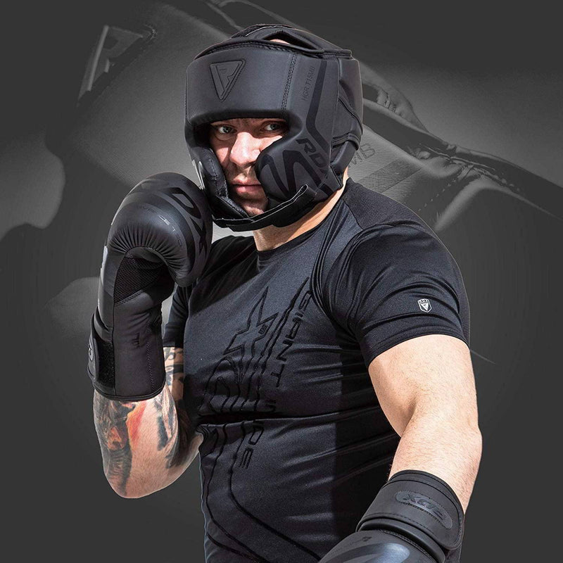 RDX Boxing Headgear Sparring Grappling, Maya Hide Leather, Head Gear for MMA Muay Thai Kickboxing Training, Multi Layered Padding, Taekwondo Martial Arts BJJ Wrestling Karate, Black Matte Black Small