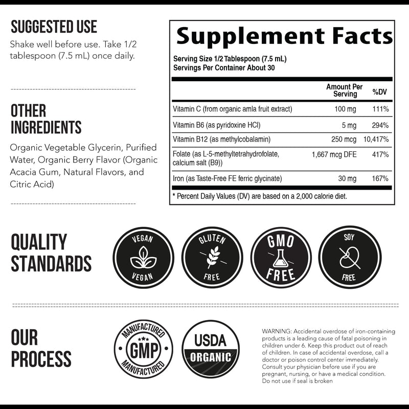 Liquid Iron Supplement | Organic Certified, Berry Flavor - Whole Food Vitamin C Absorption Boost & Blood Building B Vitamins - Methyl B12, L-Methylfolate & B6 - Supports Healthy Iron Levels - 7.6 oz