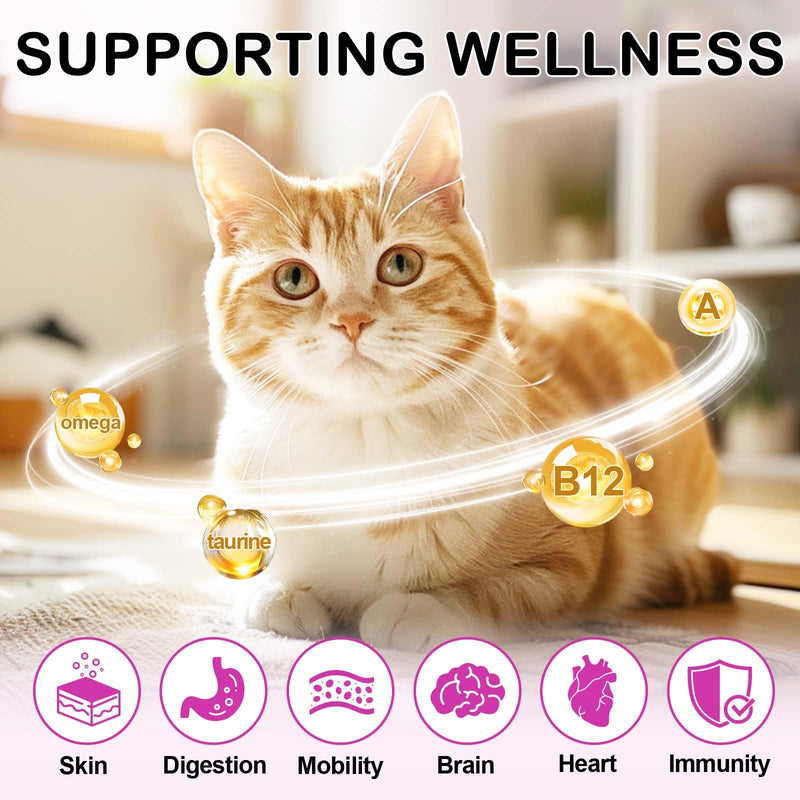 Daily Essential Vitamins for Cats - 15-in-1 Multivitamin Soft Chews with Taurine, Omega, Prebiotics & Green-Lipped Mussel for Immune, Digestion, Joint Support, Skin and Coat Health