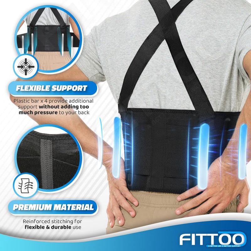 FITTOO Working Lumbar Lower Back Brace Support Belt with Adjustable Straps - Back Pain Relief, Injury Recovery, Heavy Lifting Support, Back Brace with Suspenders Black X-Large (Pack of 1)