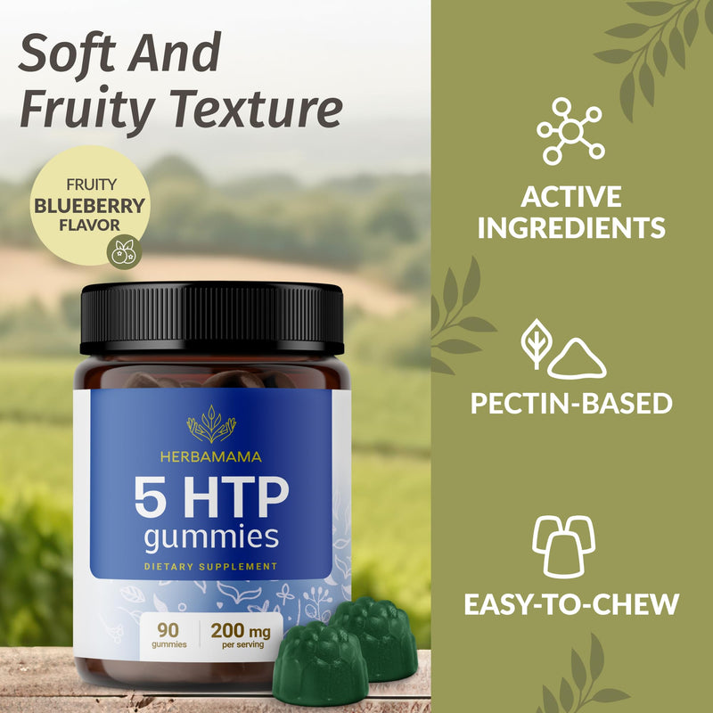 HERBAMAMA 5-HTP Gummies - 200mg 5-Hydroxytryptophan Relaxation & Calm Gummies for Adults - Vegan, Non-GMO Brain Support Supplement - 90 Pectin-Based Blueberry-Flavored Chews