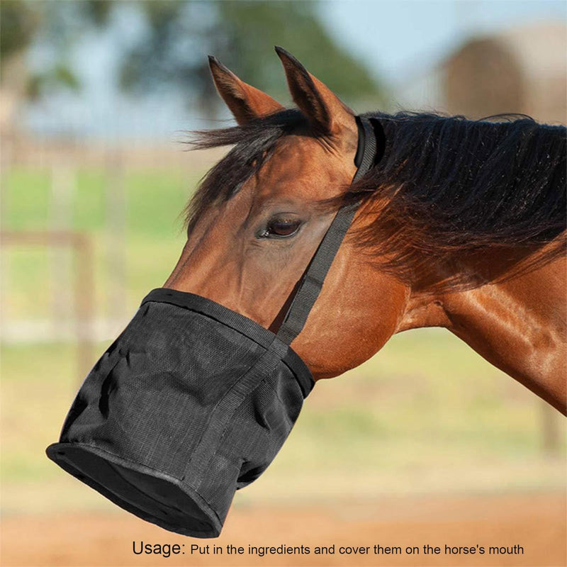 Horse Feed Bag for Grain, Heavy Duty Mesh Horse Feeder with Adjustable Strap Comfort Neck and Nose Pad, Horse Muzzle Feed Bag Waste-Free Feeding Solution for Horses (Black, M) Medium Black - BeesActive Australia