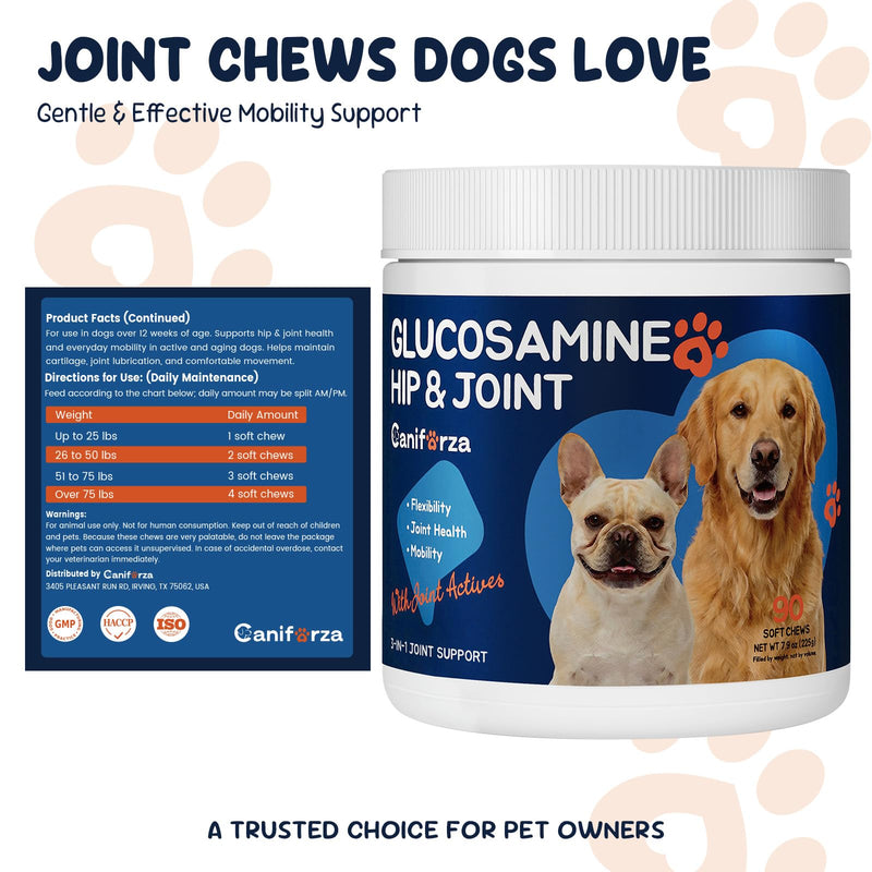 Dog Joint Support Supplement – Glucosamine, Chondroitin & MSM for Hip & Joint Function Support, Flexibility, and Daily Activity – 90 Soft Chews Chicken