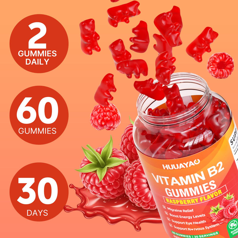 Vitamin B2 Gummies, Riboflavin Supplement with Magnesium for Kids & Adults, B2 Gummies for Migraine Relief & Nervous System Support, Vegan, Sugar-Free, Raspberry Flavor, 120 Count 120 Count (Pack of 1)