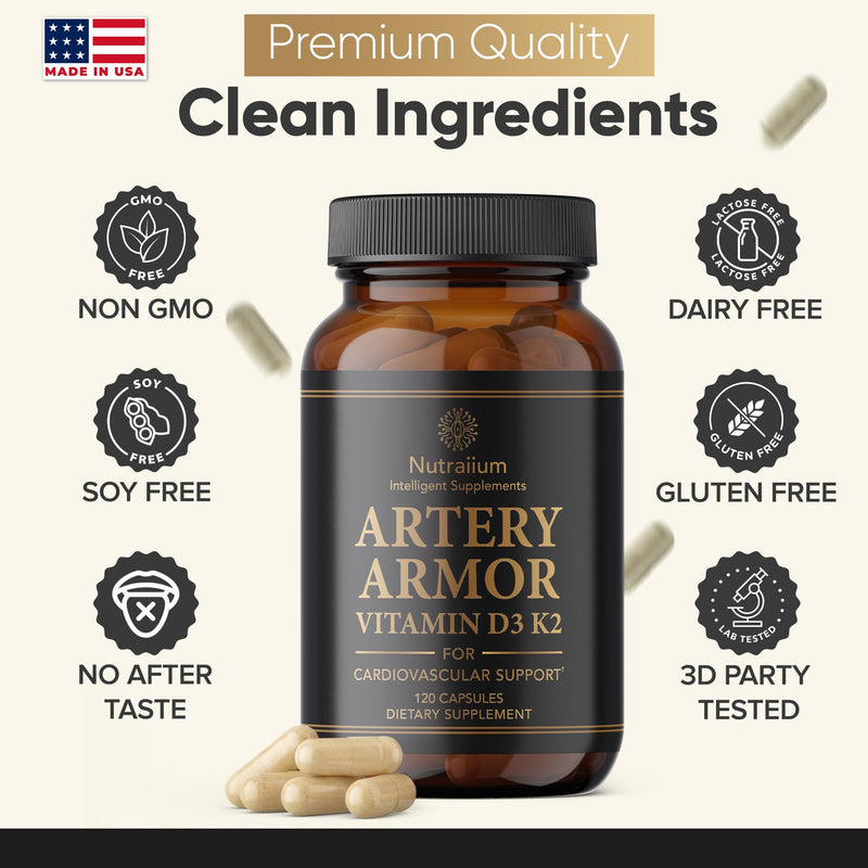 Vitamin D3 K2 Supplement 5000 IU 100 mcg MK7 – High Potency D3+K2 Capsules for Artery Health, Heart Support & Strong Bones Non-GMO Third-Party Tested d3+k2 Vitamin Supplement Artery Armor -120 Count