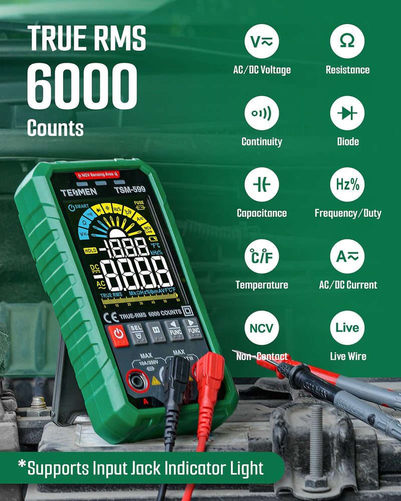 TSM-599 Smart Digital Multimeter, TRMS 6000 Counts, Voltage Tester, Volt Meter with NCV, DC/AC Voltage&Current, Resistance, Continuity, Diode, Capacitance, Hz%, Temperature, Live Wire - Green TSM-599 Auto&Manual Dual Multimeter - BeesActive Australia