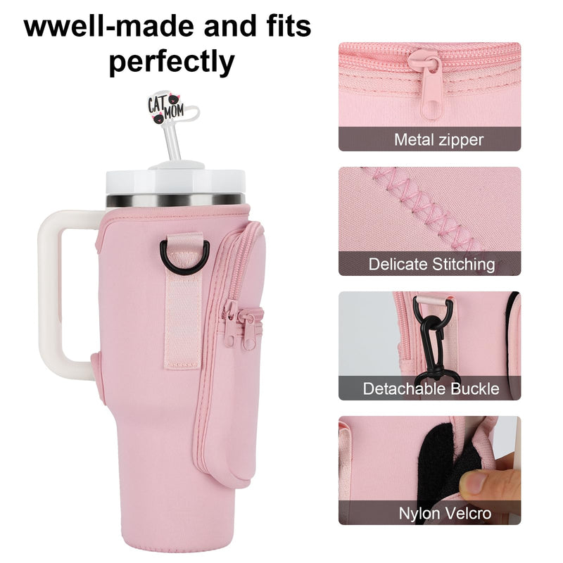 Water Bottle Carrier Bag for Stanley 40oz Tumbler with Handle, Neoprene Water Bottle Cup Holder Pouch with Adjustable Shoulder Strap, Bollus with Straw Cover & for Stanley Cup Accessories Pink - BeesActive Australia