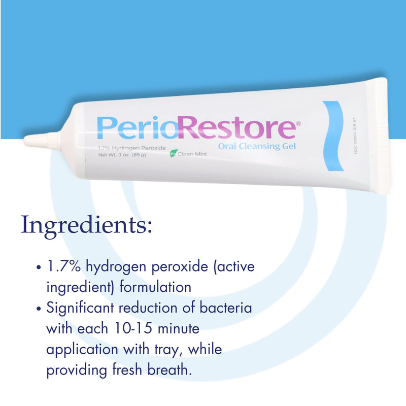 Perio Restore¬Æ Gel 3 Ounce Tube; 3 Pack. 1.7% Hydrogen Peroxide Oral Cleansing Treatment Gel. Includes Two (2) Trays for Ease of Application. Mint Flavor