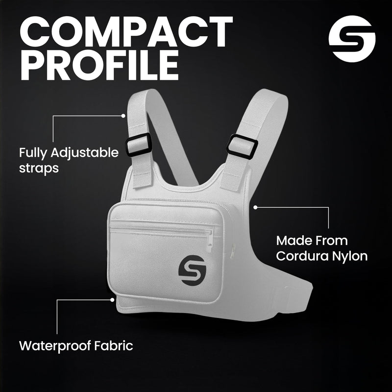 Running Chest Pack for Men Women with Collapsible Water Bottle, Water-Resistant Adjustable Chest Pack with Reflective Back for Cycling, Hiking, Workouts, with Phone Holder and Extra Storage White