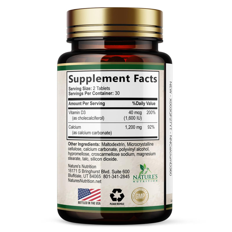 Calcium 1200 mg with Vitamin D3 - Bone Health Supplement, Vitamin D & Calcium Supplements for Women & Men - Bone Strength, Teeth & Immune Support, Nature's Calcium Pills, Bottled in USA - 60 Tablets 60 Count (Pack of 1)