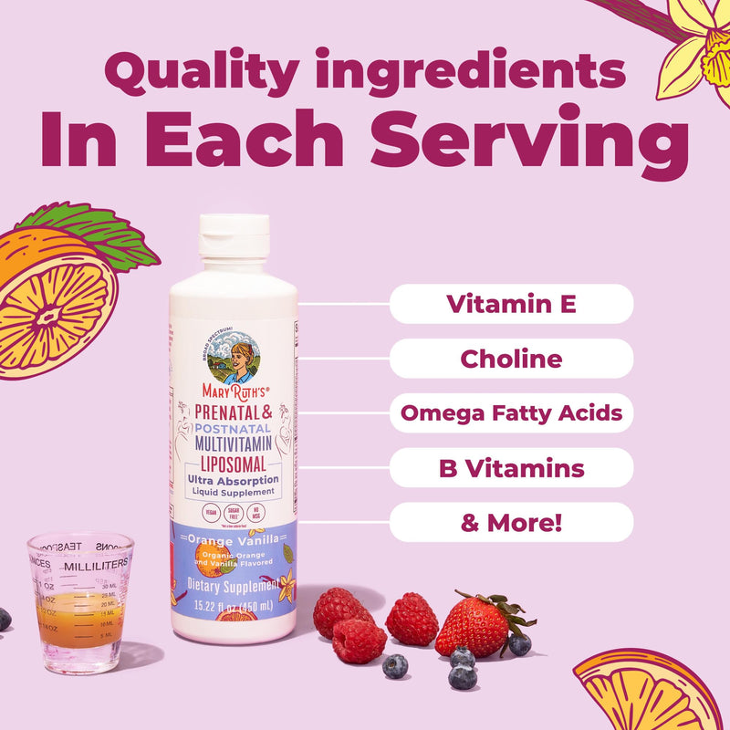 MaryRuth's Prenatal & Postnatal Multivitamin Liposomal, Vegan, 30 Servings | Preconception & Pregnancy, Folate Choline Omega 3 DHA, Vegan, Sugar Free, Gluten Free, 30 Servings