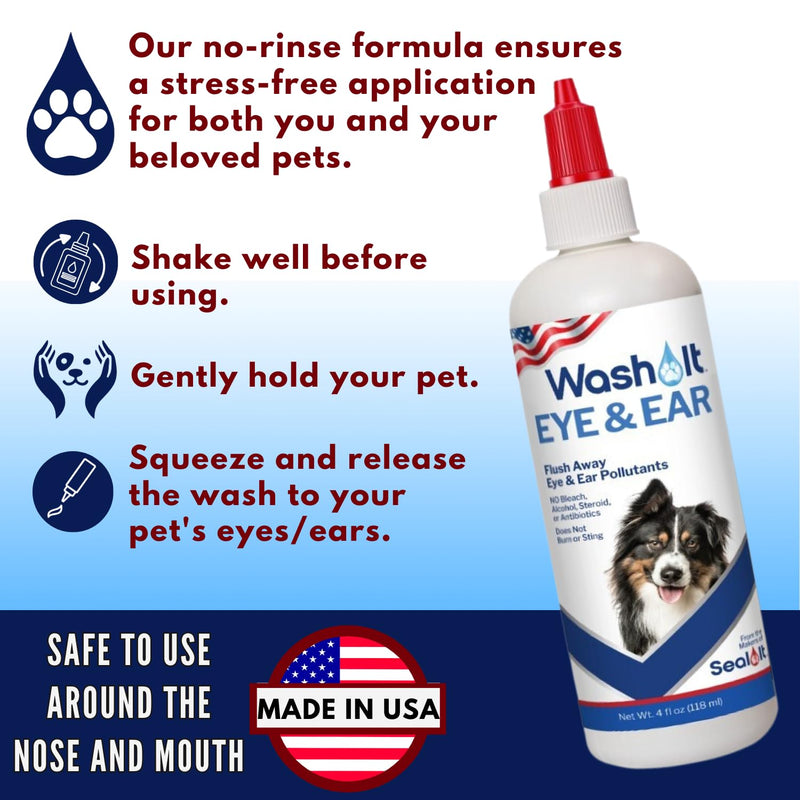 Wash-It Eye and Ear Wash for Pets to Flush Out Contaminants, Irritations & Dirt | US-Made Dog Ear Wash & Tear Stain Remover with Hypochlorous Acid for Rapid Care with No Irritation (4oz) - PawsPlanet Australia
